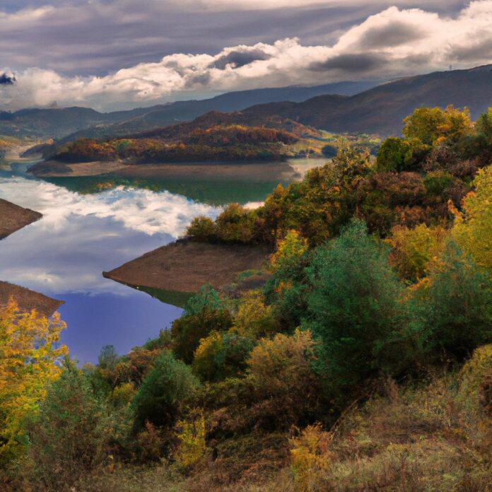 landscape, exterior view, award-winning photography from magazine, trees, mountain, lake