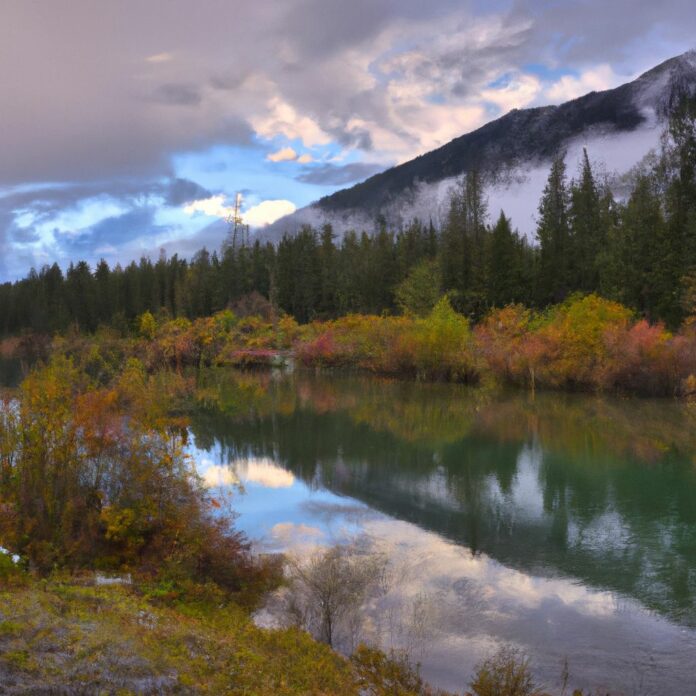 landscape, exterior view, award-winning photography from magazine, trees, mountain, lake